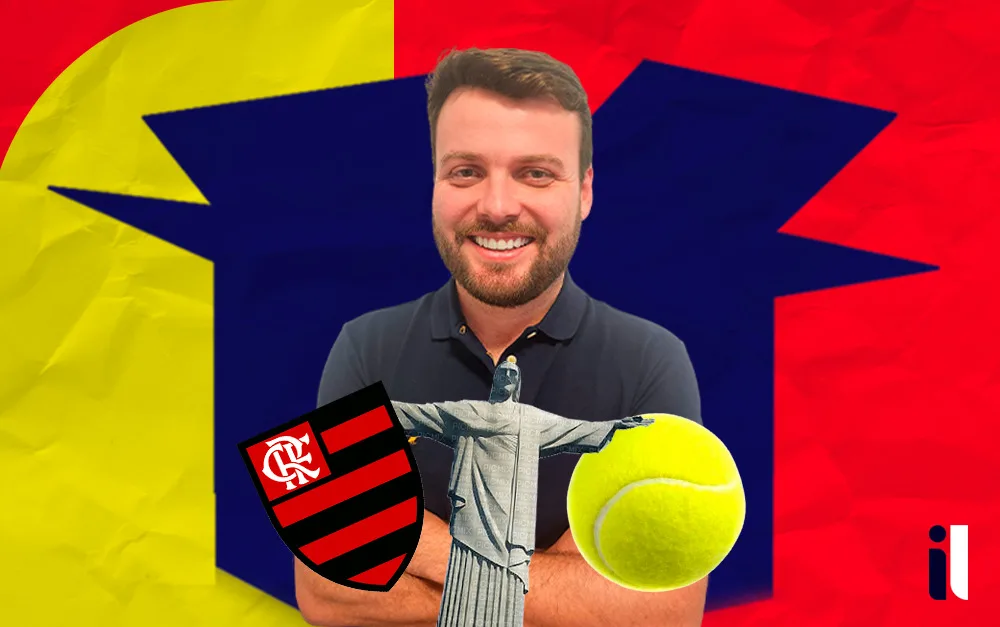 Imagem de Fábio Escaleira com o escudo do Flamengo, Cristo Redentor e uma bola de tênis.