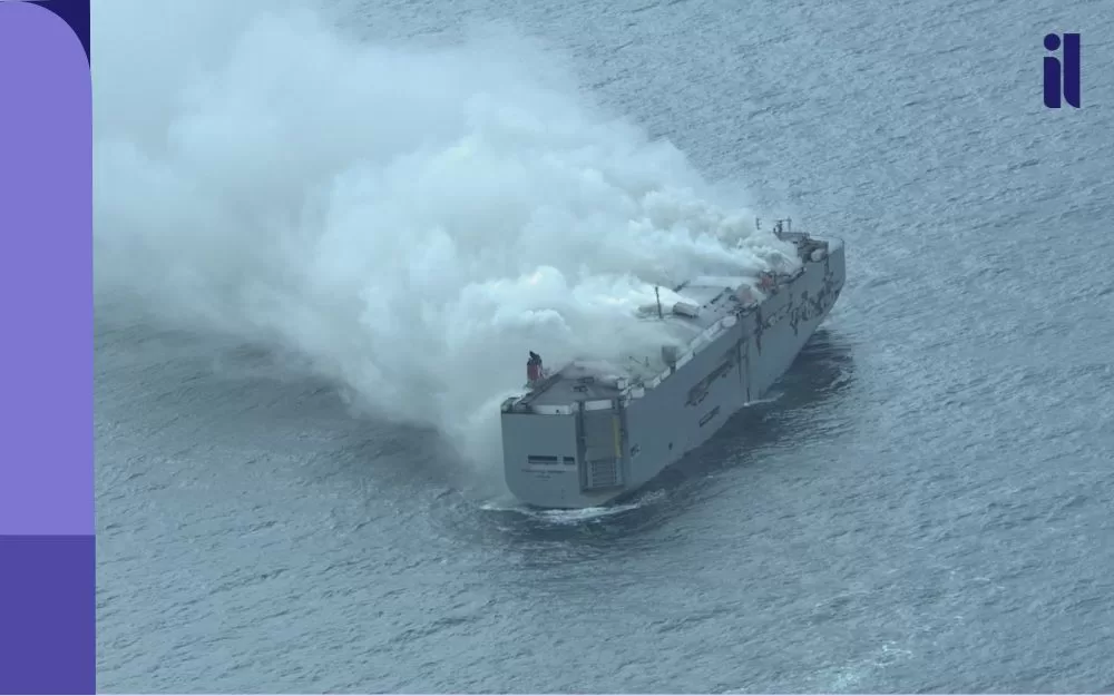 navio de carga pegando fogo na costa da holanda.